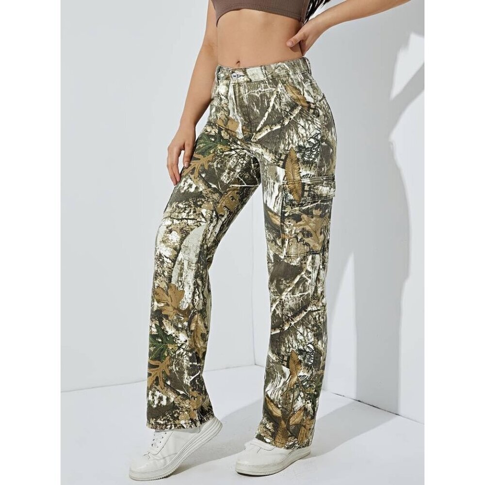 Women Camouflage Cargo Pants Cotton Polyester High Rise Wide Leg Trousers - Picture 3 of 7